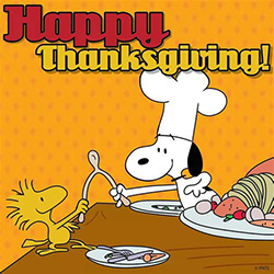 Snoopy and Woodstock with a Thanksgiving turkey wishbone